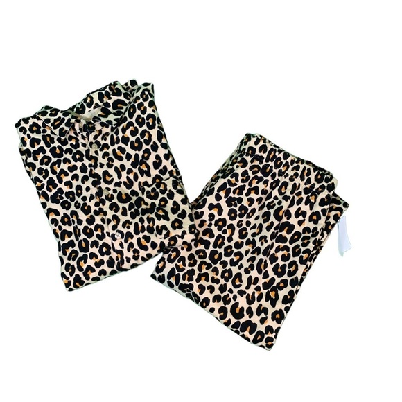 Nordstrom 100% Cotton Flannel Button Down Leopard Print PJ Set-  Tan Black - Sm - Picture 8 of 9